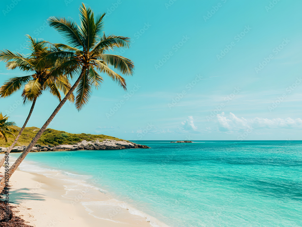 Relaxing beach scene with palm trees tropical paradise nature sunny day tranquil waters Relaxing beach scene with palm trees tropical paradise nature sunny day tranquil waters