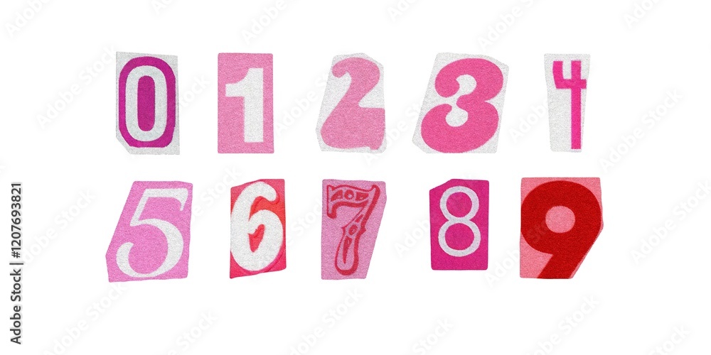 barbiecore set of cut-out numbers from magazines on a white background, cute retro y2k ransom style barbiecore set of cut-out numbers from magazines on a white background, cute retro y2k ransom style