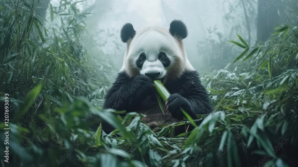 A panda chewing on bamboo in a misty Chinese bamboo forest, with soft natural lighting, A panda chewing on bamboo in a misty Chinese bamboo forest, with soft natural lighting,