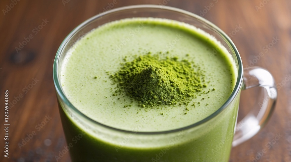 Close-up of frothy green matcha in a glass mug, topped with a sprinkle of matcha powder Close-up of frothy green matcha in a glass mug, topped with a sprinkle of matcha powder