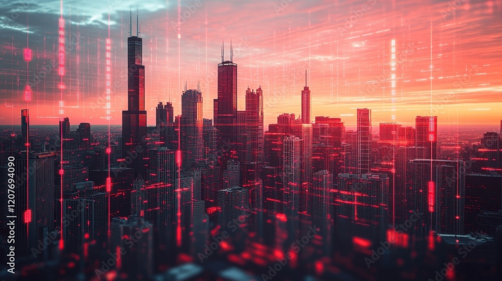 A city during the day with Big Data red graphics overlay, cinematographic feel A city during the day with Big Data red graphics overlay, cinematographic feel