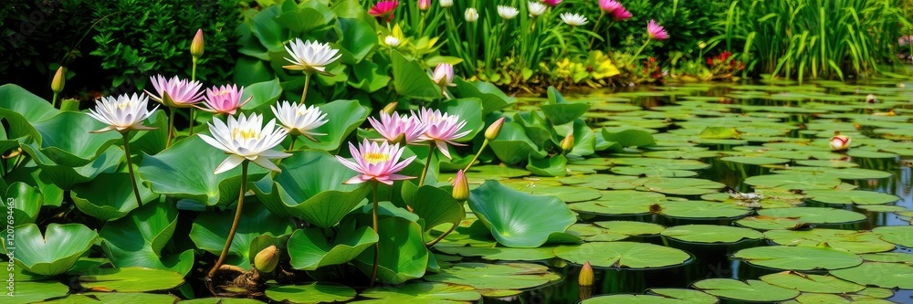Beautiful water lily floating in a serene pond surrounded by lush greenery at Mayfield Garden, blooming, nature, Mayfield Garden Beautiful water lily floating in a serene pond surrounded by lush greenery at Mayfield Garden, blooming, nature, Mayfield Garden