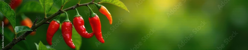 Red hot chilli peppers in full bloom on a curved branch, branches, nature Red hot chilli peppers in full bloom on a curved branch, branches, nature