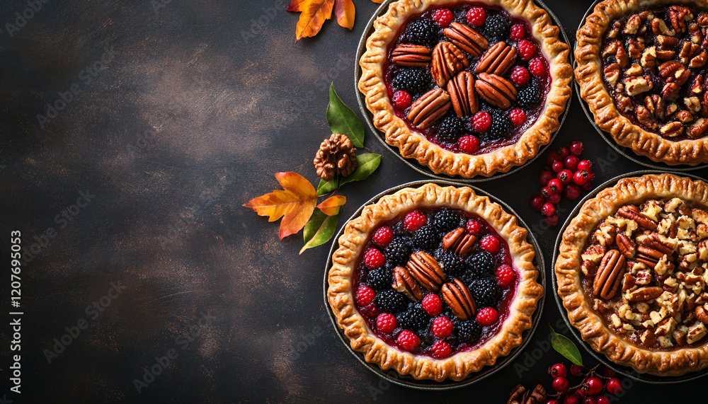 Autumn Pies on rustic background, top view, copy space. Homemade seasonal pastry - berries and pecan pies or tarts for Thanksgiving and autumn holidays Autumn Pies on rustic background, top view, copy space. Homemade seasonal pastry - berries and pecan pies or tarts for Thanksgiving and autumn holidays