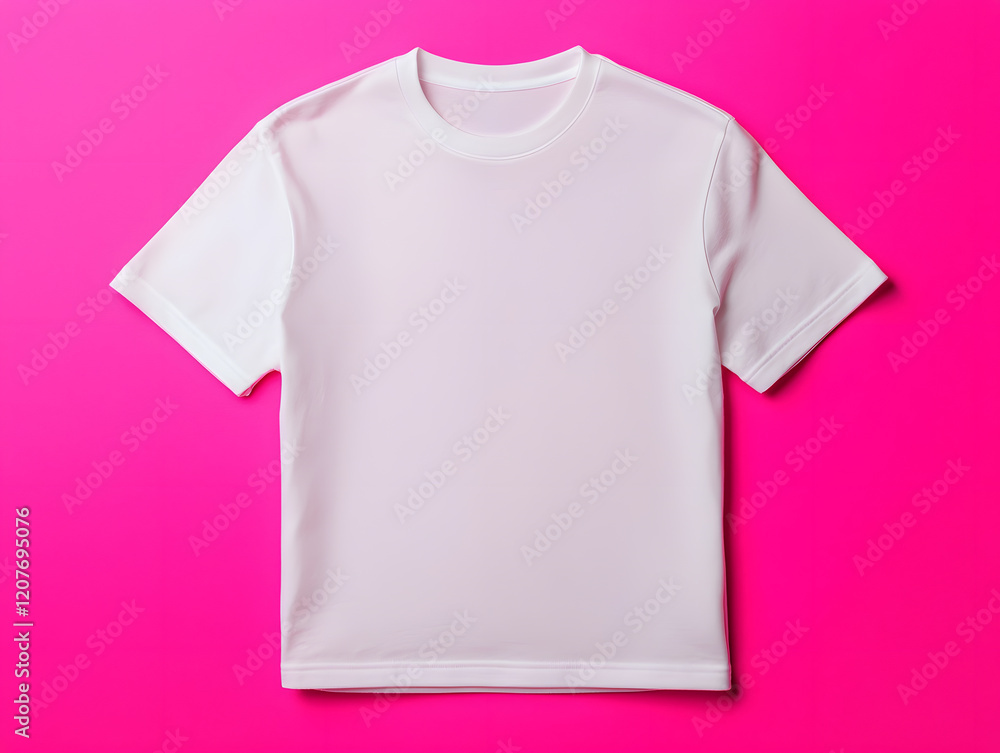 Showcase of plain white t-shirt on vibrant pink background apparel studio environment flat lay view Showcase of plain white t-shirt on vibrant pink background apparel studio environment flat lay view