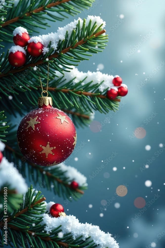 Snow-covered pine branches with glittering ornaments and berries, pine, snowflakes Snow-covered pine branches with glittering ornaments and berries, pine, snowflakes
