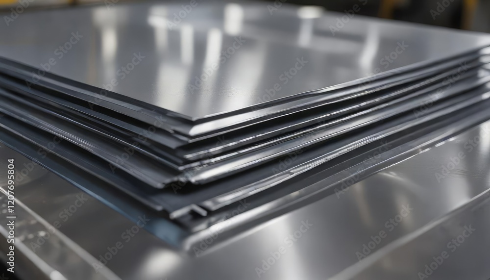 Close-up of shiny steel sheet in manufacturing plant, production, metal Close-up of shiny steel sheet in manufacturing plant, production, metal