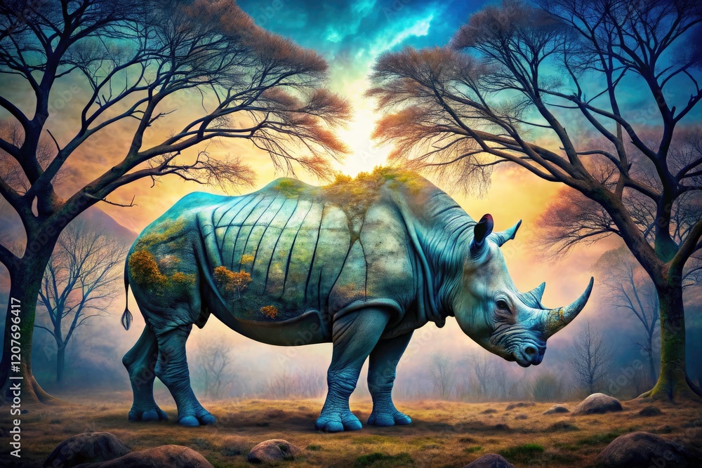 Fototapeta premium Withered trees embrace a rhino in this double exposure; surreal architectural wildlife photography.