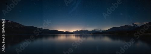 Serene mountain lake at night with starry sky