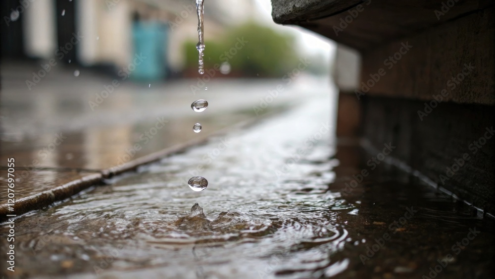 Close-up shot of a single rainwater drop suspended above a gleaming wet floor in the midst of a rainy season, natural, blue tone, water drop Close-up shot of a single rainwater drop suspended above a gleaming wet floor in the midst of a rainy season, natural, blue tone, water drop