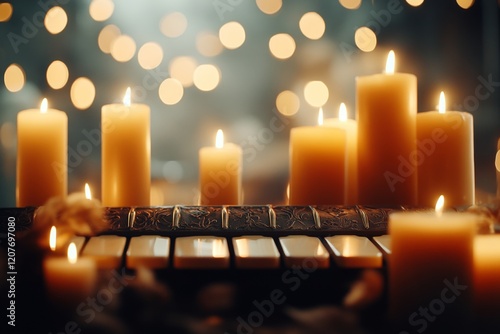 A gothic-style xylophone with dark, ornate designs on its keys, placed in a dimly lit room surrounded by flickering candles photo