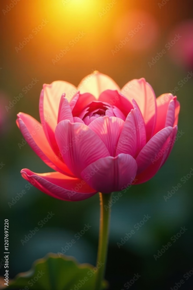 Fototapeta premium Soft petals unfolding as morning light ascends, warm colors, sunrise