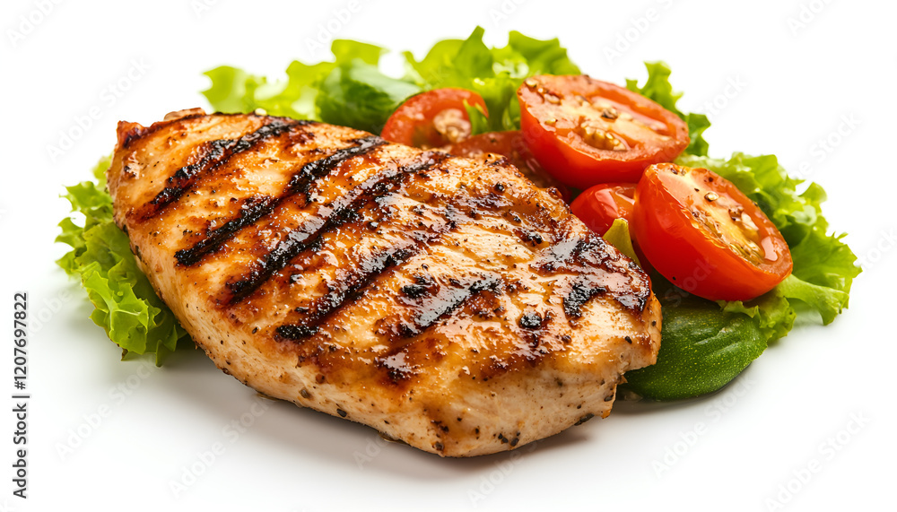 Healthy keto, ketogenic lunch with grilled chicken meat and organic tomatoes and greens. Roasted chicken breast, fillet and fresh vegetable salad, white background, copy space Healthy keto, ketogenic lunch with grilled chicken meat and organic tomatoes and greens. Roasted chicken breast, fillet and fresh vegetable salad, white background, copy space