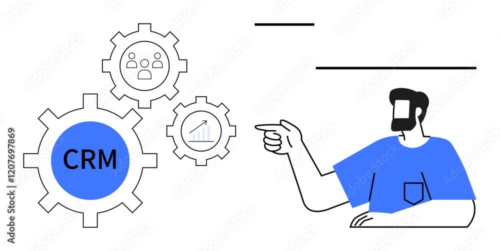 Businessman in blue pointing at interconnected gears labeled CRM, customer, and growth. Ideal for customer relationship management, strategy, business development, teamwork, efficiency, technology Businessman in blue pointing at interconnected gears labeled CRM, customer, and growth. Ideal for customer relationship management, strategy, business development, teamwork, efficiency, technology