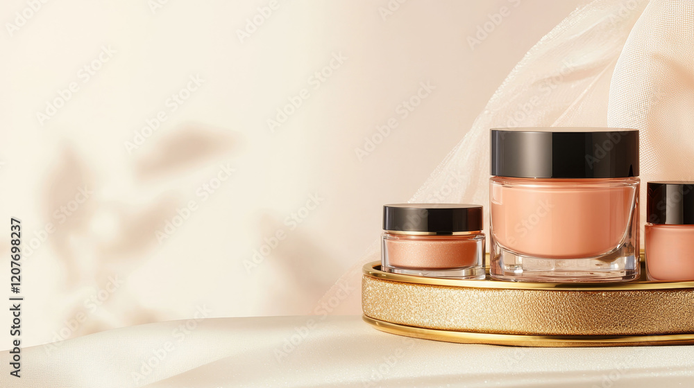cosmetics primer luxury concept, Elegant cosmetic jars arranged on a soft surface, featuring a gentle, warm color palette and subtle shadows for a soothing aesthetic. cosmetics primer luxury concept, Elegant cosmetic jars arranged on a soft surface, featuring a gentle, warm color palette and subtle shadows for a soothing aesthetic.