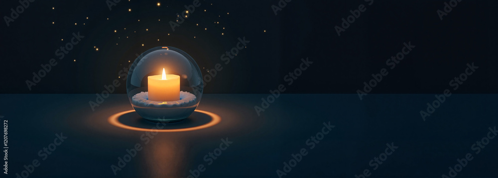Candle in glass dome glowing softly on dark background Candle in glass dome glowing softly on dark background