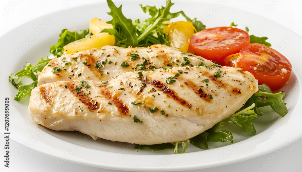 Healthy keto, ketogenic lunch with grilled chicken meat and organic tomatoes and greens. Roasted chicken breast, fillet and fresh vegetable salad, white background, copy space Healthy keto, ketogenic lunch with grilled chicken meat and organic tomatoes and greens. Roasted chicken breast, fillet and fresh vegetable salad, white background, copy space