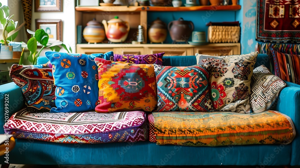 A vibrant interior view of a sofa with bright, patterned pillows, wide-angle composition with 35mm at f/22. A vibrant interior view of a sofa with bright, patterned pillows, wide-angle composition with 35mm at f/22.
