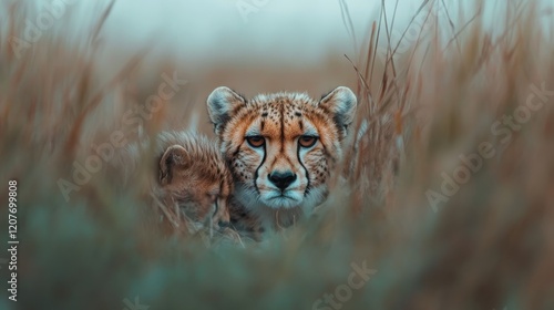 A cheetah mother resting with her cubs in tall grass, their eyes fixed on the horizon