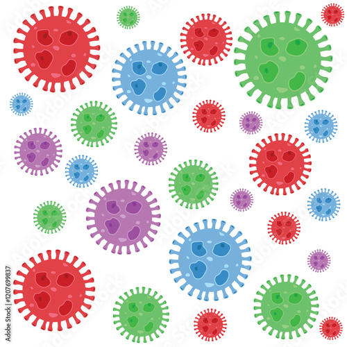Background of Virus. Bacteria Biology Organisms Seamless Pattern. Virus Infection Ebola Epidemic Sick. Corona, HMPV, Covid and Human metapneumovirus. Flat Vector Illustration