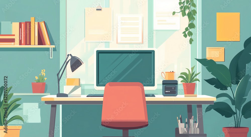 Stylish Home Office Desk Setup With Computer Plants And Books Stylish Home Office Desk Setup With Computer Plants And Books