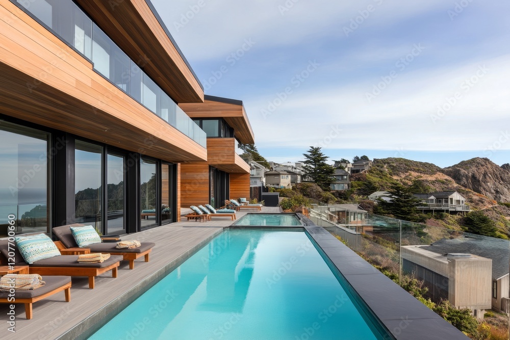 Obraz premium A large yard with an above-ground pool, surrounded by deck chairs and colorful beach towels