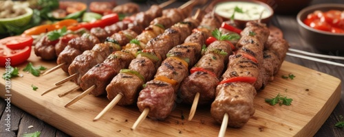 Cevapcici skewers on a wooden board ready for grilling, Mediterranean cuisine, appetizing