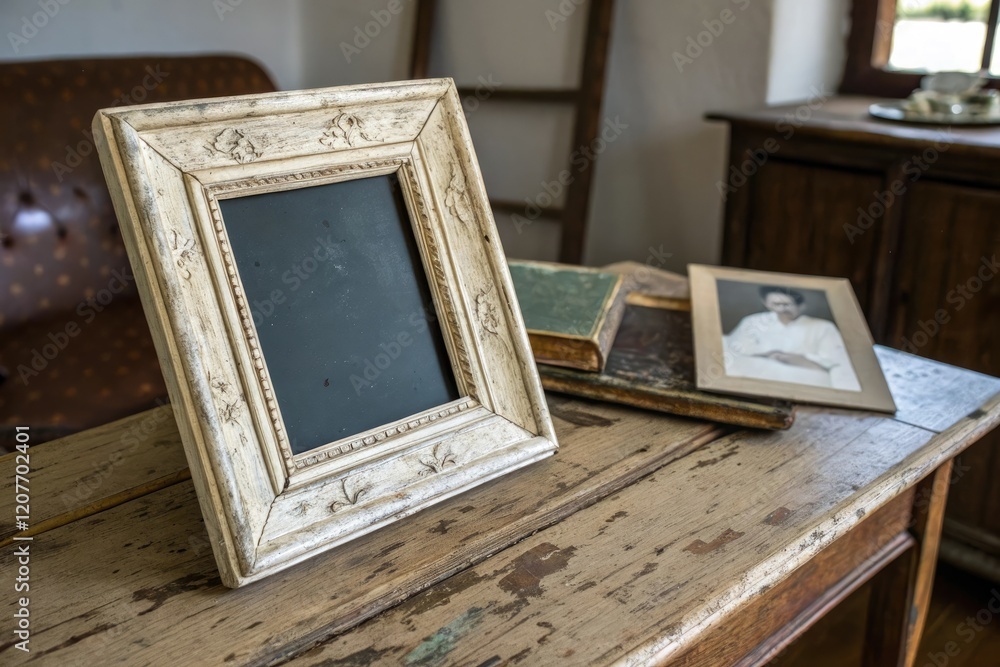 Fototapeta premium An old photograph is displayed in a distressed picture frame on a worn wooden table, aged, home decor, old image