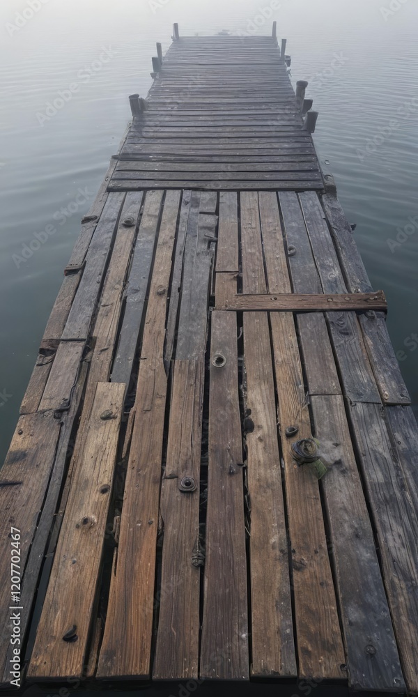An old, weathered dock stretches out into the misty morning, its wooden slats worn smooth by years of exposure to the elements and saltwater , misty morning, old wood, boat dock An old, weathered dock stretches out into the misty morning, its wooden slats worn smooth by years of exposure to the elements and saltwater , misty morning, old wood, boat dock