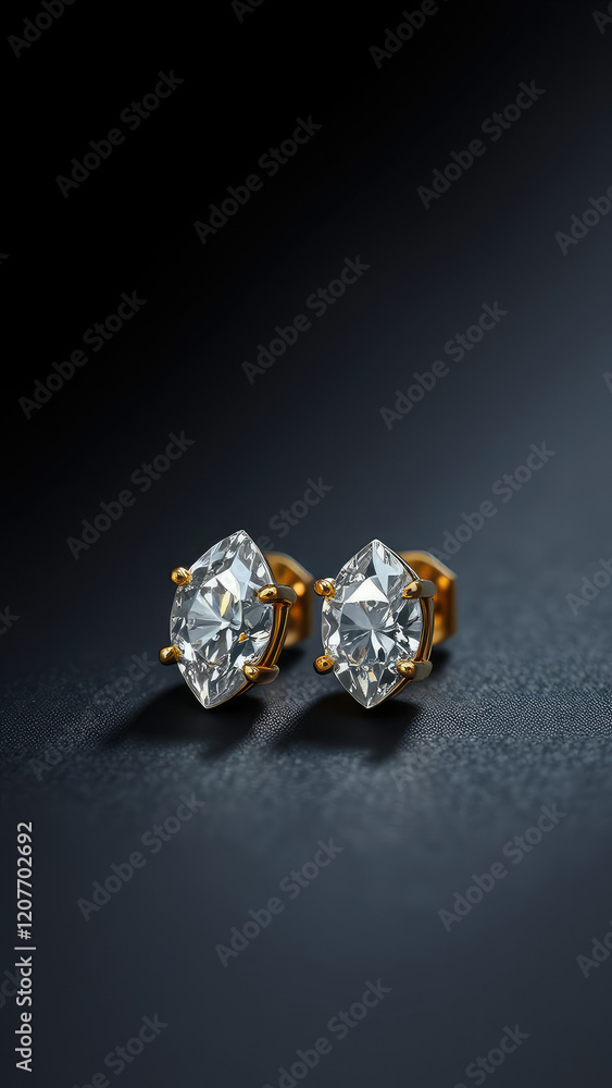 chic gold stud earrings with diamonds against a dark background, diamond sparkle, evening wear, dark background color, golden earring chic gold stud earrings with diamonds against a dark background, diamond sparkle, evening wear, dark background color, golden earring
