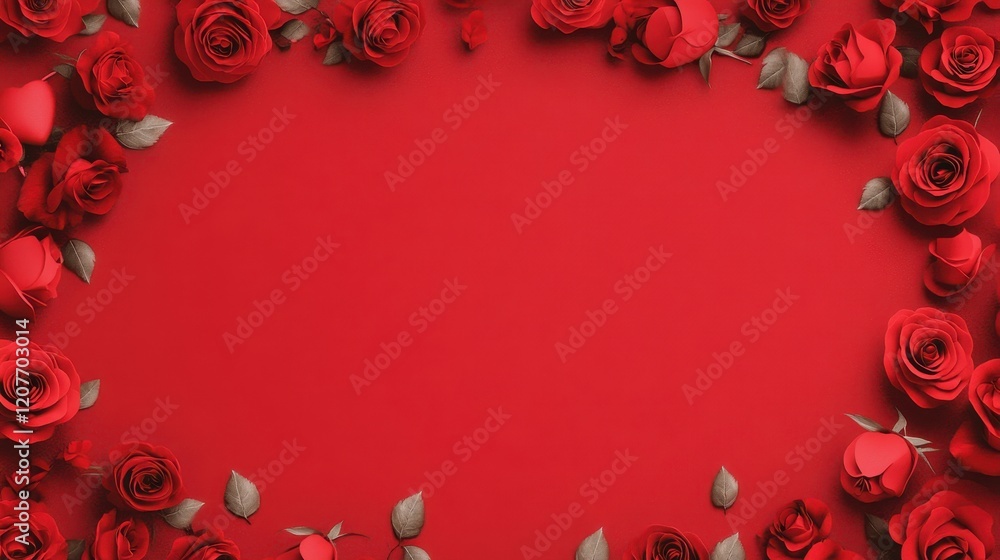 Vibrant Red Roses Framing a Blank Red Background Ideal for Romantic Themes, Invitations, Weddings, and Celebrations to Create an Elegant Atmosphere Vibrant Red Roses Framing a Blank Red Background Ideal for Romantic Themes, Invitations, Weddings, and Celebrations to Create an Elegant Atmosphere