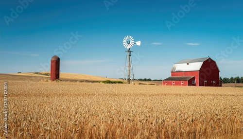 rural landscape featuring red barn and windmill, surrounded by golden wheat fields under clear blue sky photo