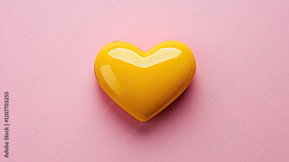 Fototapeta premium A glossy yellow heart on a muted pink background, centered with an inviting design for captions.