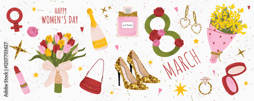 Happy Women's Day design with festive elements. Vector illustration of Champagne, shoes, perfume, golden accessories, flowers. International 8 March. Drawings for postcard, congratulations and poster.