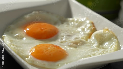 A white square plate with scrambled eggs is rotating. The eggs are cooked and look sunny side up.