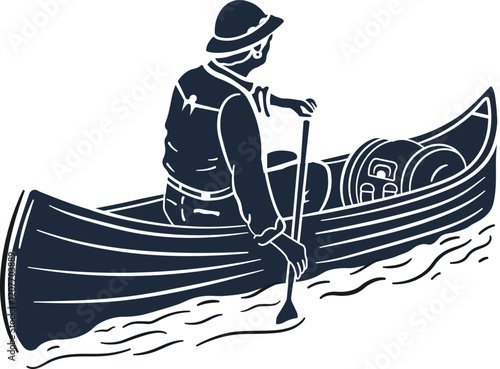 Silhouetted explorer paddling a canoe on a tranquil waterway.