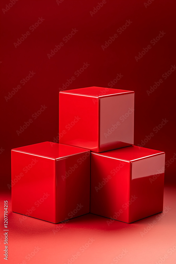 Obraz premium Three red glossy product podium displays arranged on a vibrant red background