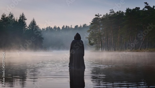 Mysterious figure in dark cloak standing in misty water near forest during early morning  photo