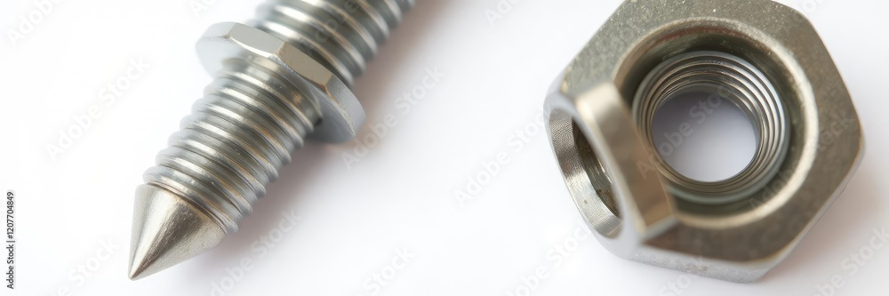Close-up image of a shiny bolt and nut isolated on a white background, metal, fastener Close-up image of a shiny bolt and nut isolated on a white background, metal, fastener
