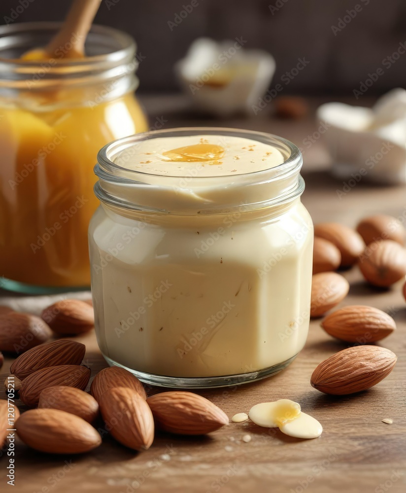 Close-up of a glass jar containing a generous helping of creamy almond paste surrounded by a few whole almonds and a nearby honey dipper , golden honey, honey, jar Close-up of a glass jar containing a generous helping of creamy almond paste surrounded by a few whole almonds and a nearby honey dipper , golden honey, honey, jar