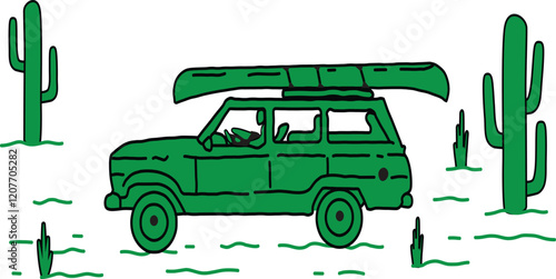 Green SUV with Canoe on Top in a Desert Landscape