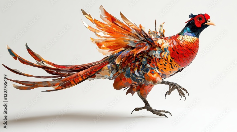 Obraz premium Vibrant Artistic Representation of a Colorful Pheasant in Motion Against a Clean White Background