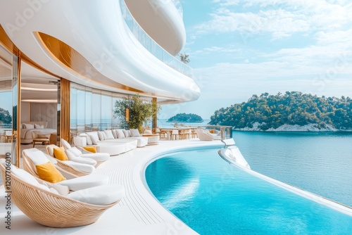 A private infinity pool on the upper deck of a luxury yacht, overlooking a serene ocean horizon photo