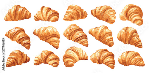 Croissants Vector Icons Cartoon Style On White Background Delicious Croissant Illustrations Pastries Collection Whimsical Bakery Themed Golden Brown Fun Baked Goods