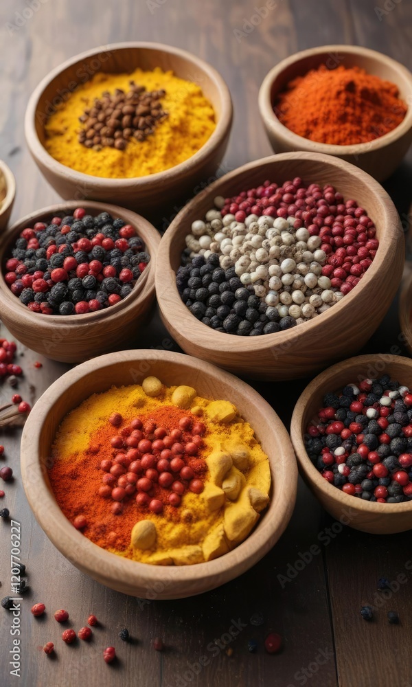 Close-up of assorted wooden bowls filled with black, red, and white peppercorns, turmeric, paprika, and curry powder, organic, seasoning, gourmet Close-up of assorted wooden bowls filled with black, red, and white peppercorns, turmeric, paprika, and curry powder, organic, seasoning, gourmet