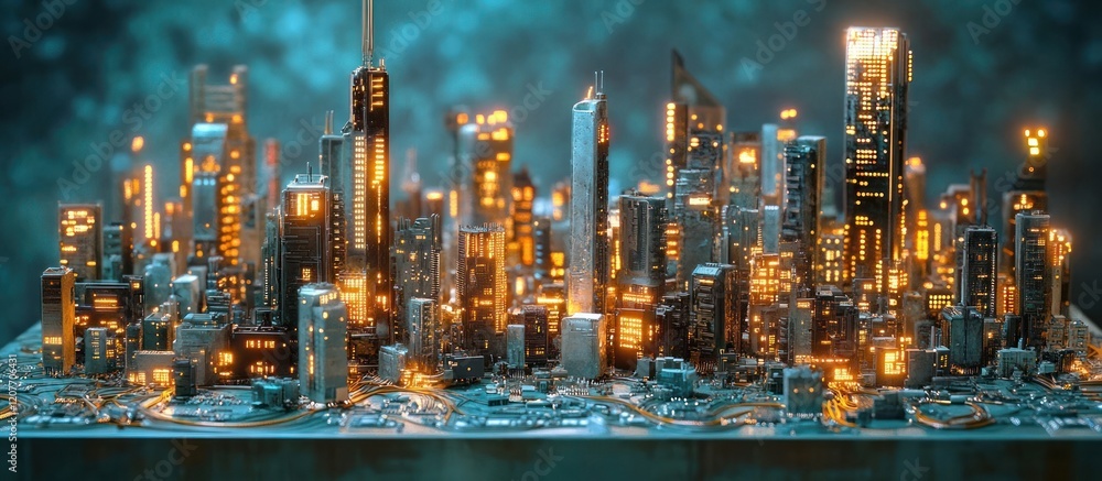 Fototapeta premium nighttime cityscape with a futuristic skyline of glittering illuminated skyscrapers and high rise buildings reflected in the calm waters of the harbor or river