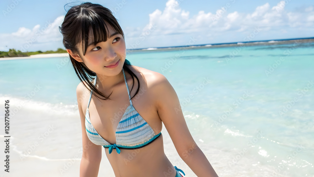 Beautiful woman in a vibrant bikini enjoying a relaxing summer vacation on a pristine beach