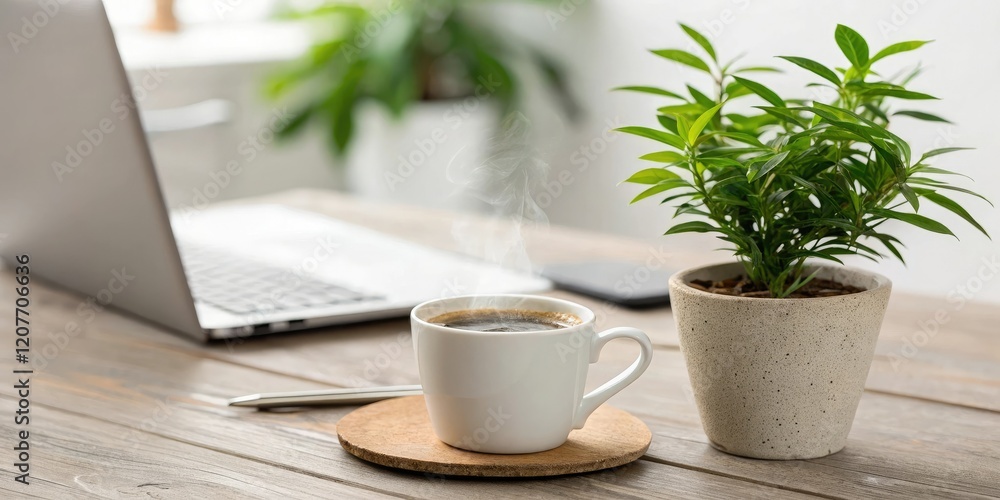 Close-up of coffee cup and plant on a wooden desk, coffee cup plant desk woodwork, greenery for office Close-up of coffee cup and plant on a wooden desk, coffee cup plant desk woodwork, greenery for office