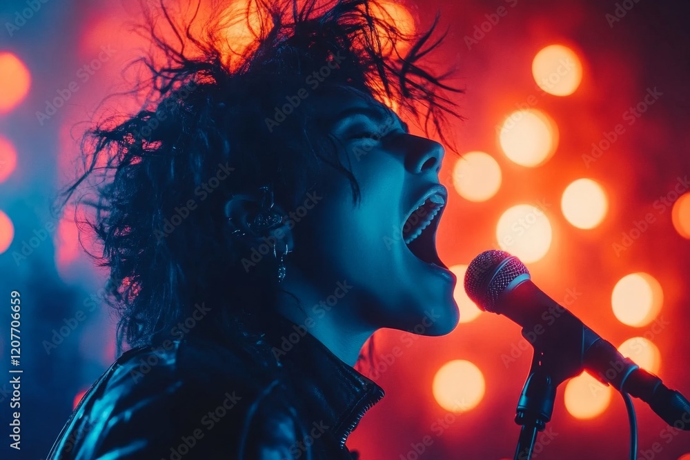 A rock singer yelling into a microphone on stage, with dynamic lighting and an electrified crowd in the background A rock singer yelling into a microphone on stage, with dynamic lighting and an electrified crowd in the background