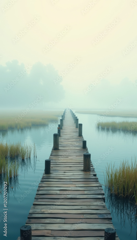 Obraz premium Wooden Pier in a Misty Wetland Scene for World Wetlands Day Content